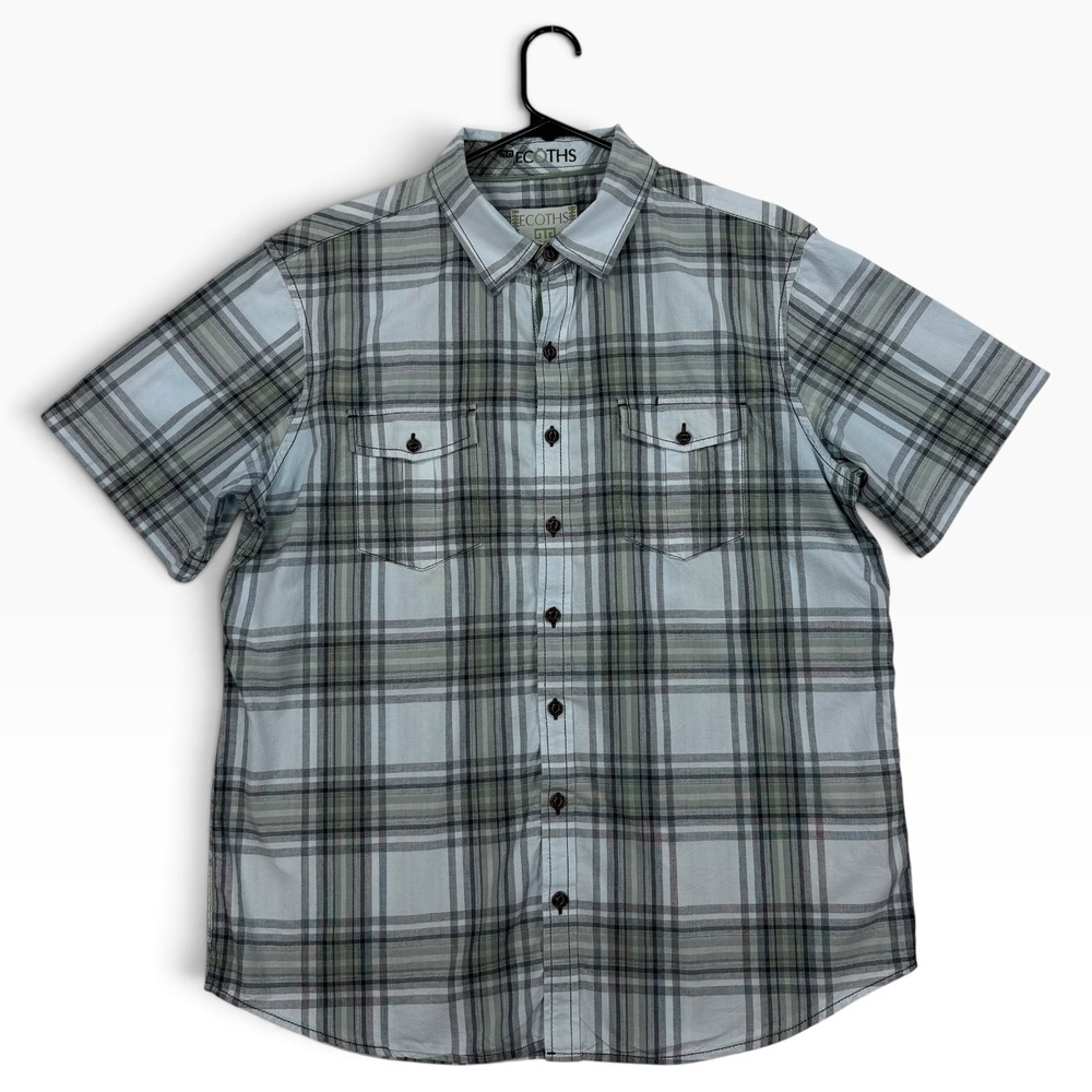 Ecōths Men's Large Organic Cotton Plaid Button Up Shirt Short Sleeve Green Gray